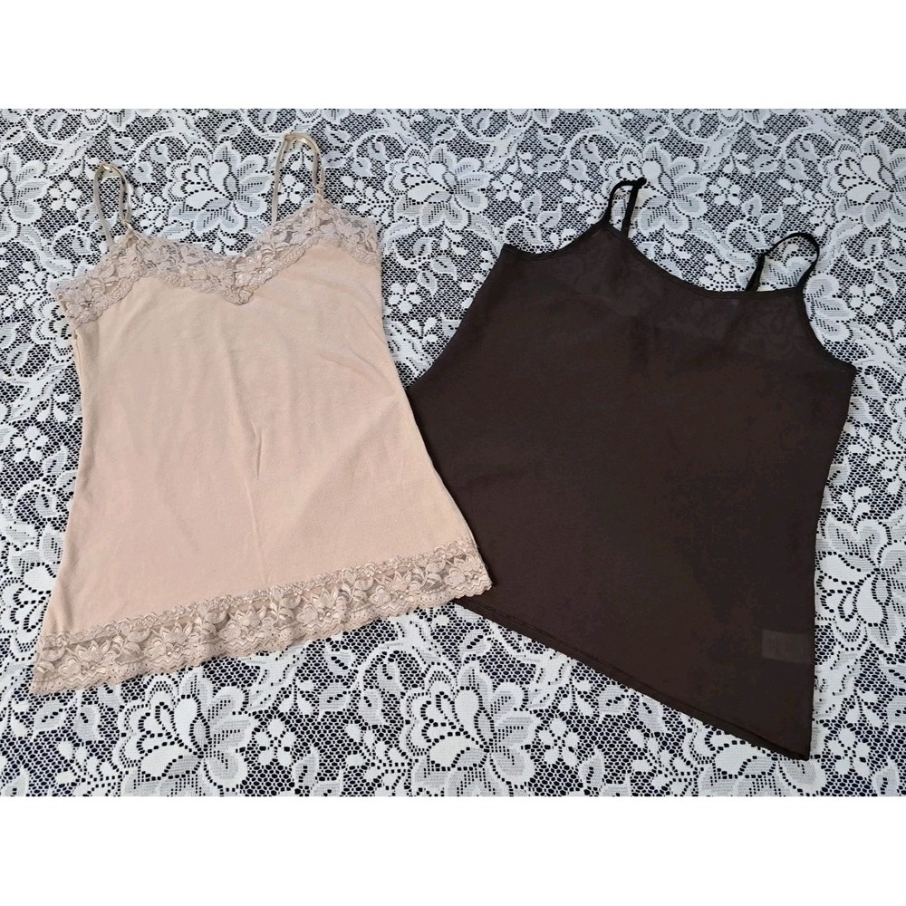Lot of Two Camisole Tops M Beige Stretch Lace Trim/Brown Sheer Adjustable Straps